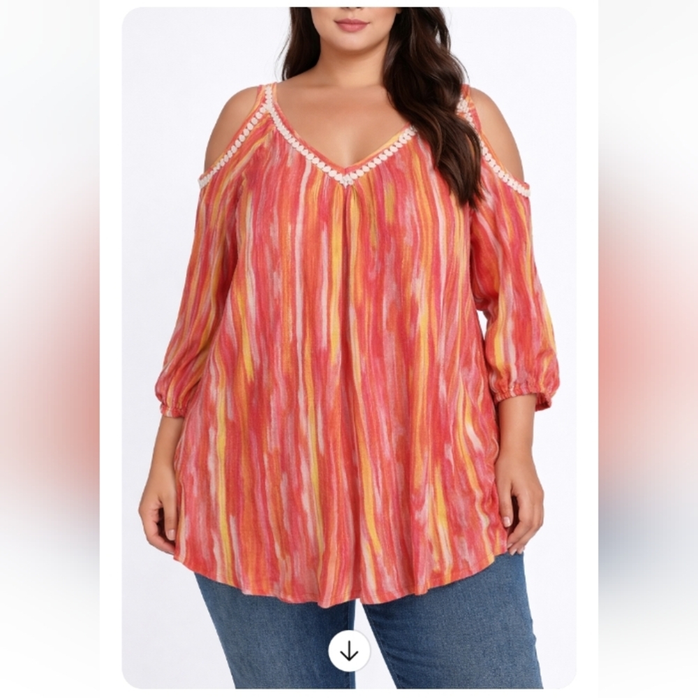 Nina Leonard 1X Pink Yellow Cold Shoulder Top Lined V-Neck